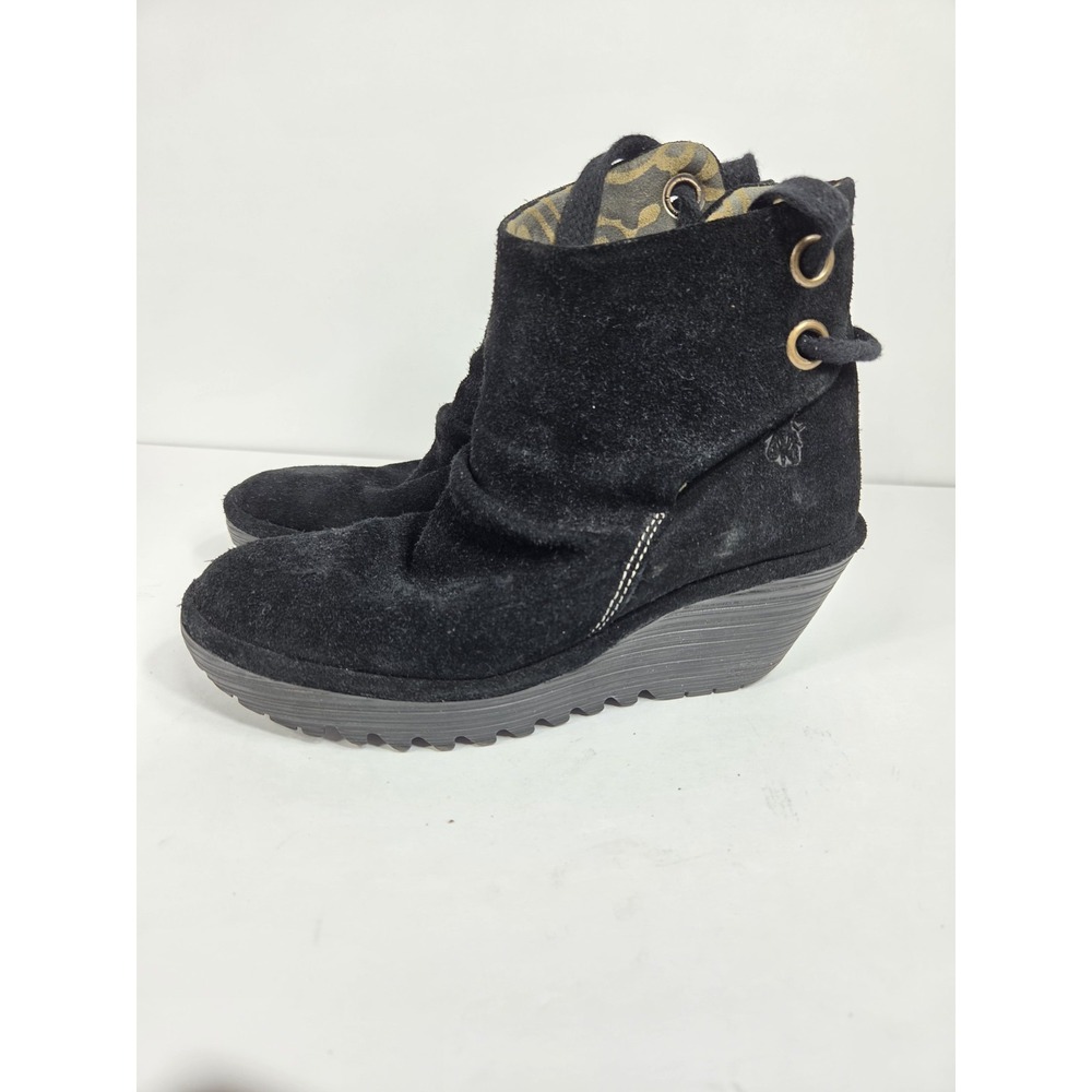 Fly London Yama Black Suede Platform Wedge Ankle Boots Booties Women Sz 38 US 7